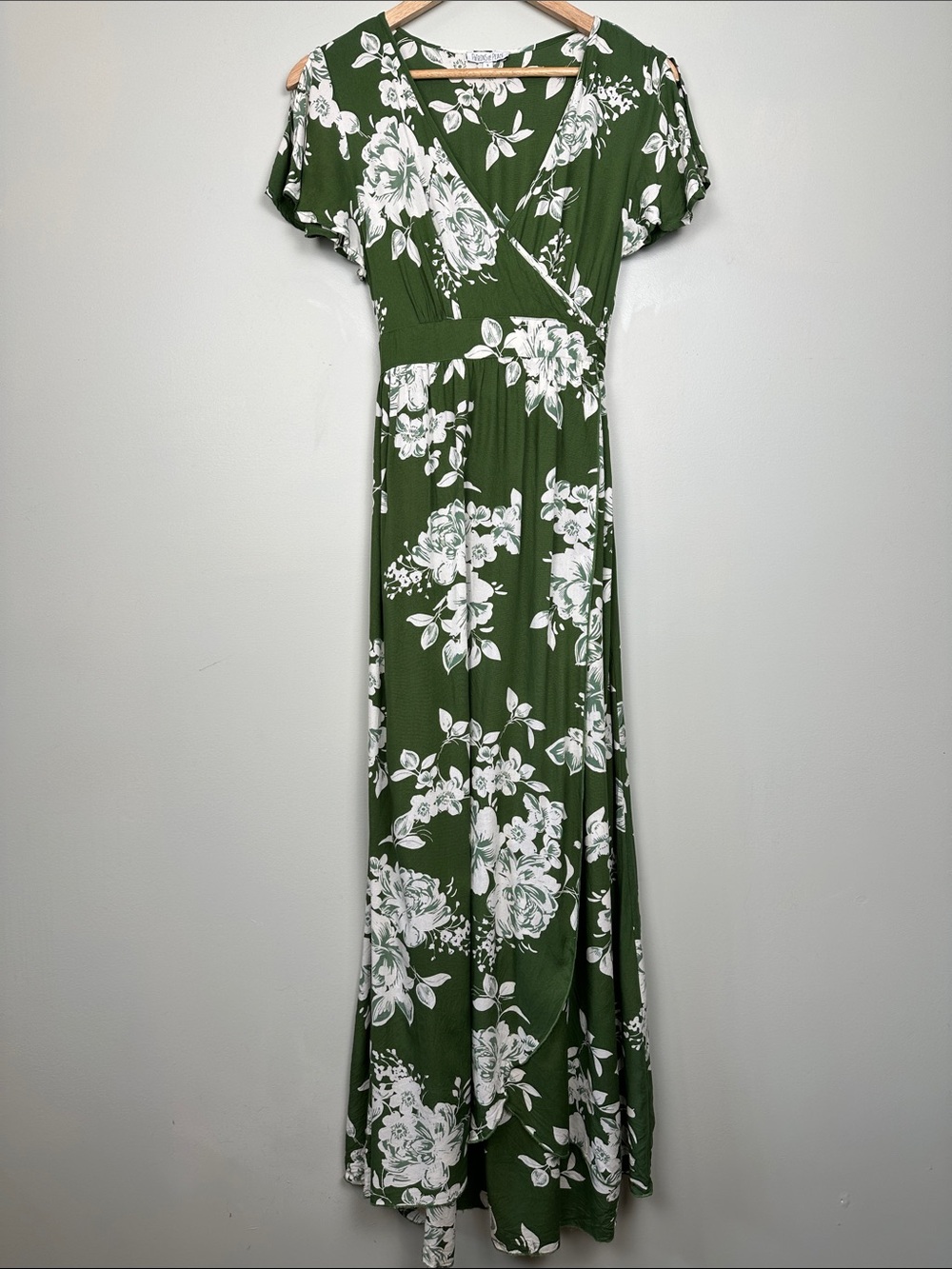 Patrons of Peace Olive Green White Floral faux Wrap Maxi Dress boho Cottagecore